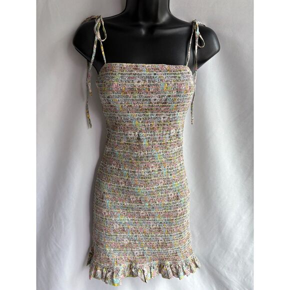 The Impeccable Pig Pink Floral Smocked Mini Dress Size M Summer Tie Straps Cute - Picture 1 of 9